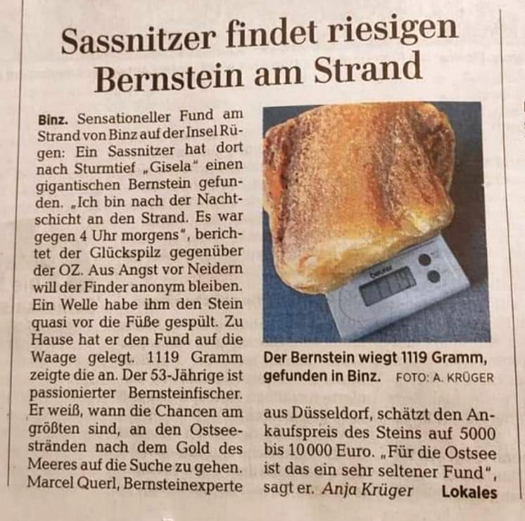 Ostseezeitung, 24.10.2020 "Sensationeller Fund am Strand von Binz auf der Insel Rügen"